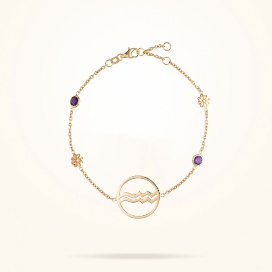 Aquarius Zodiac Daisy Bracelet with its Birthstone (Amethyst), Yellow Gold 18k.