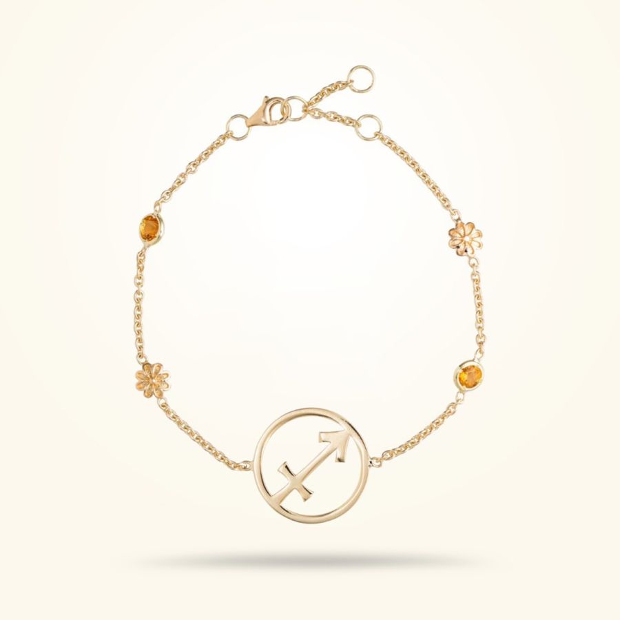 Sagittarius Zodiac Daisy Bracelet with its Birthstone (Citrine), Yellow Gold 18k