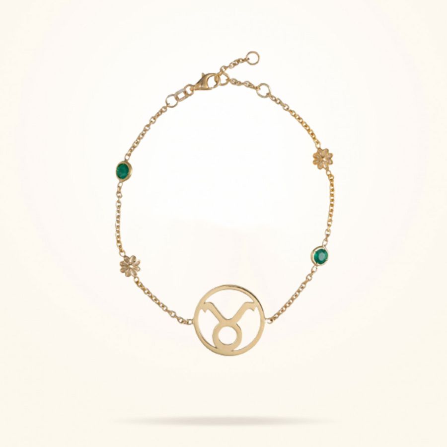 Taurus Zodiac Daisy Bracelet with its Birthstone (Emerald), Yellow Gold 18k.