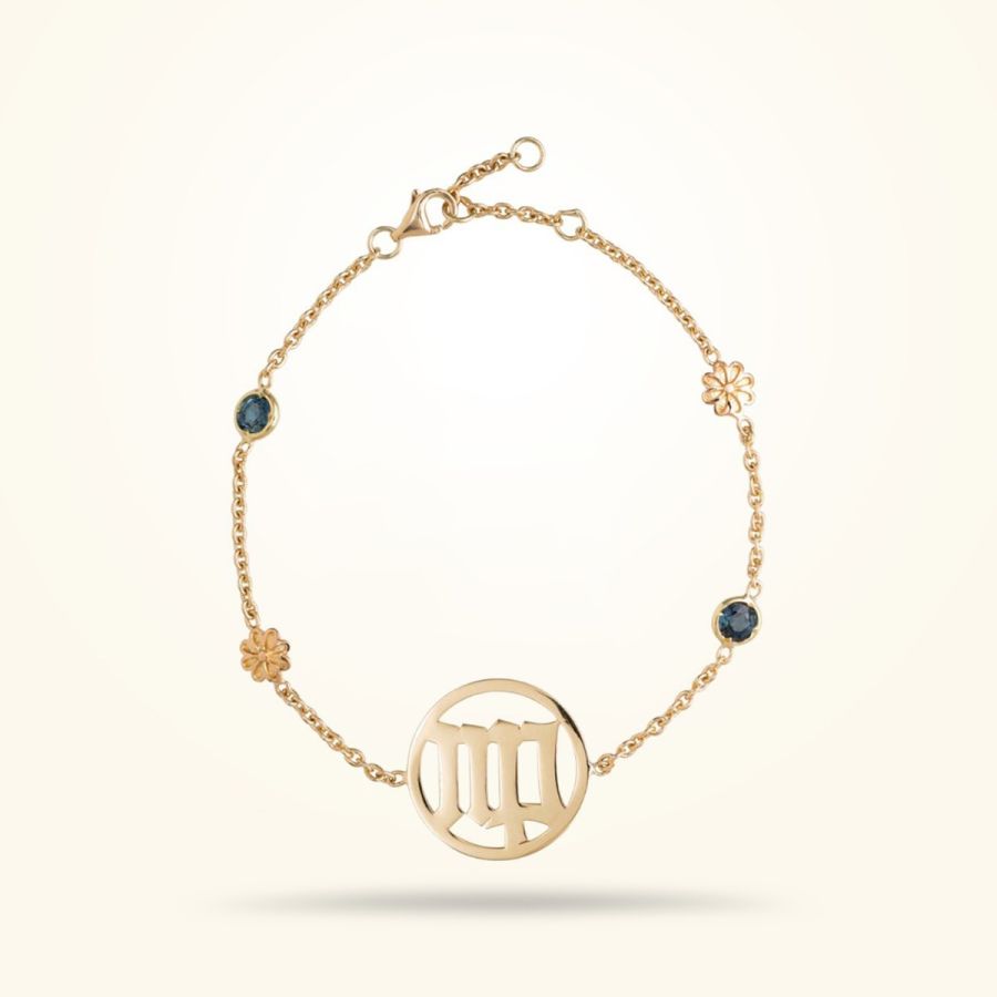 Virgo Zodiac Daisy Bracelet with its Birthstone(Sapphire), Yellow Gold 18k